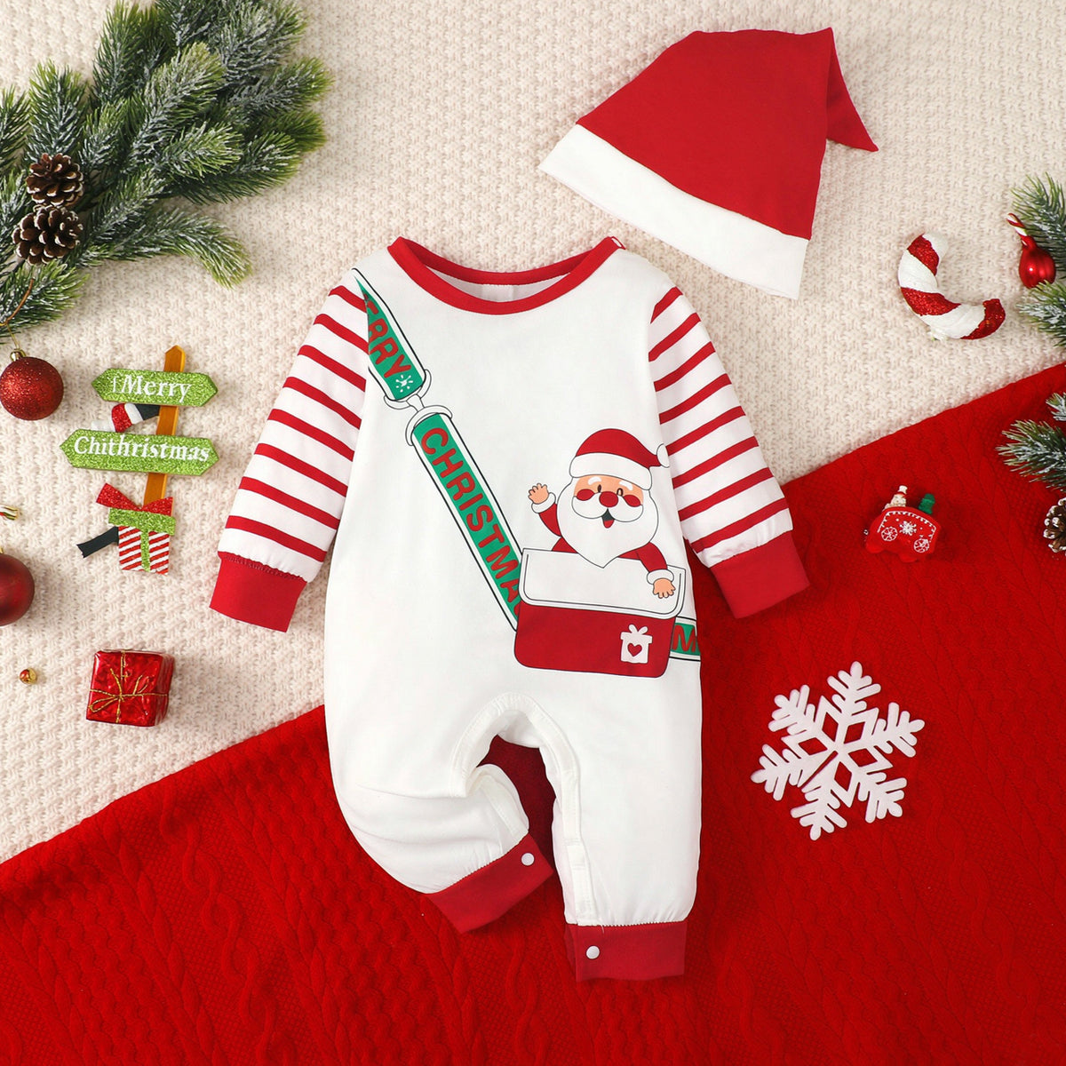 2PCS Cute Letter and Santa Print Striped Baby Christmas Jumpsuit Main image