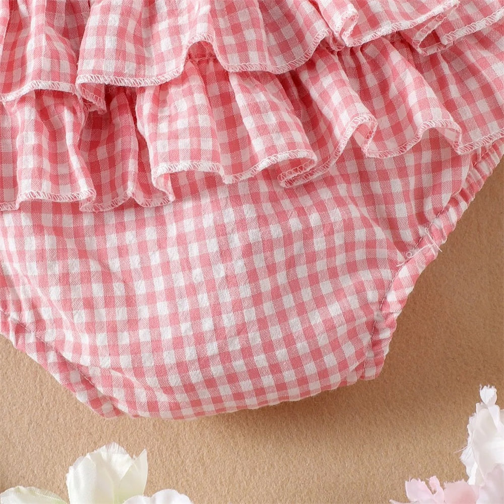 2PCS Bubbly Plaid Printed Long Sleeve Baby Romper