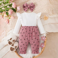 2PCS Sweet Faux Two Piece Bow Print Baby Girl Corduroy Jumpsuit