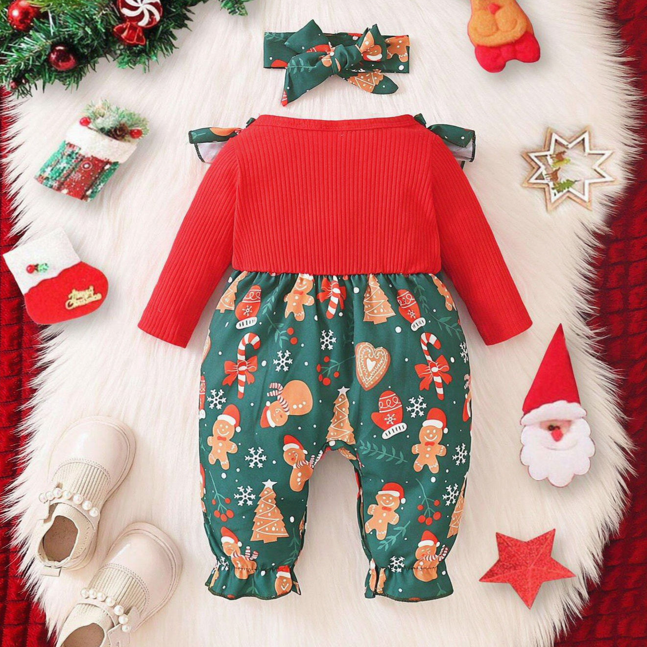 2PCS Sweet Christmas Print Long Sleeve Baby Girl Jumpsuit Secondary image