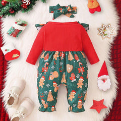 2PCS Sweet Christmas Print Long Sleeve Baby Girl Jumpsuit