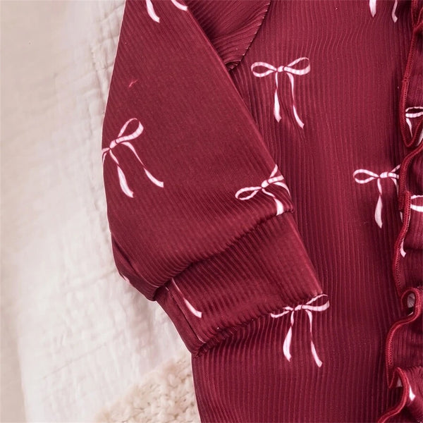 2PCS Grace Bow Print Long Sleeve Zipper Baby Jumpsuit
