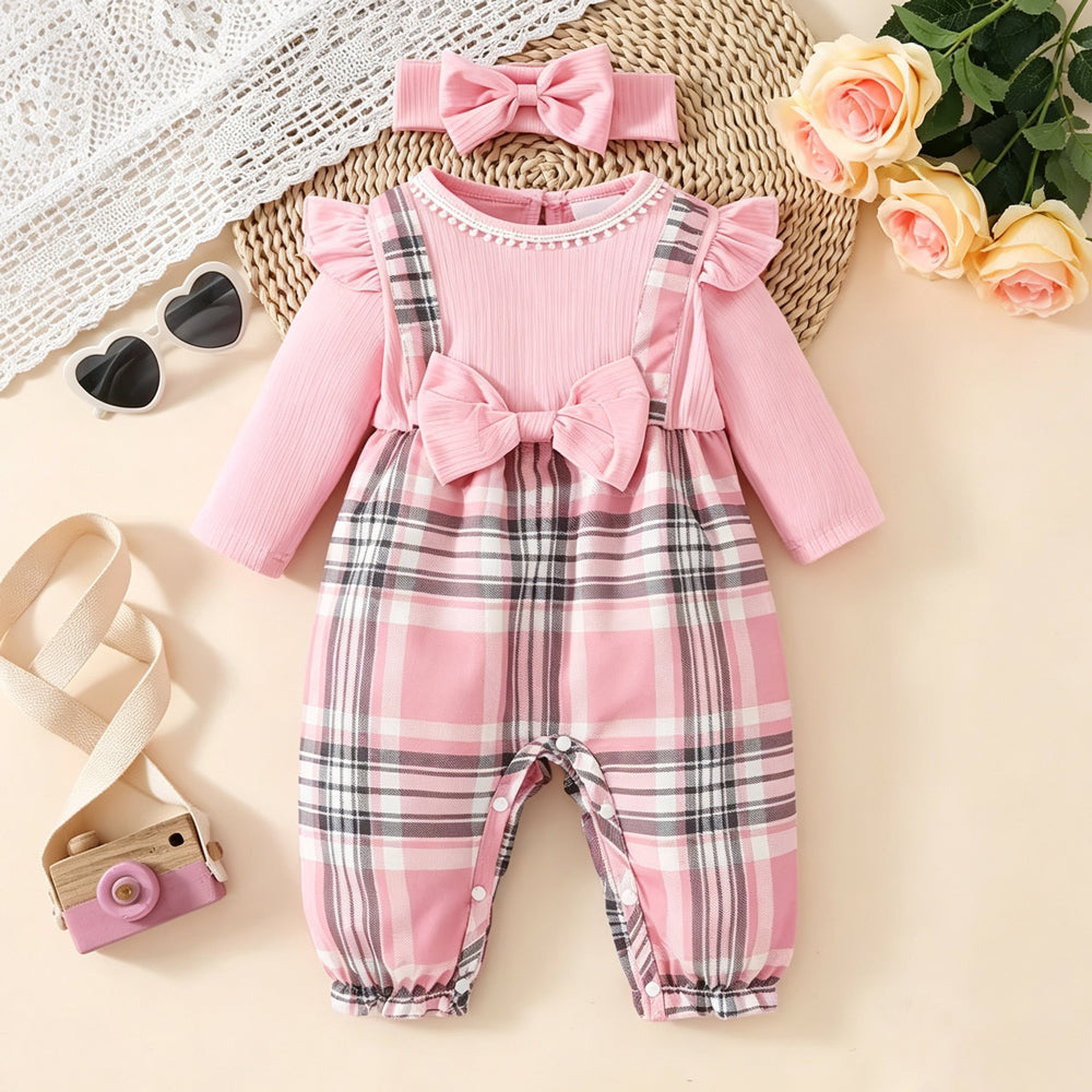 2PCS Chic Plaid Print Bow Decor Long Sleeve Baby Girl Jumpsuit