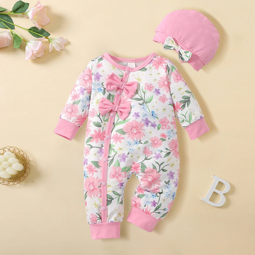 2PCS Sweet Floral Printed Bow Long Sleeve Baby Jumpsuit