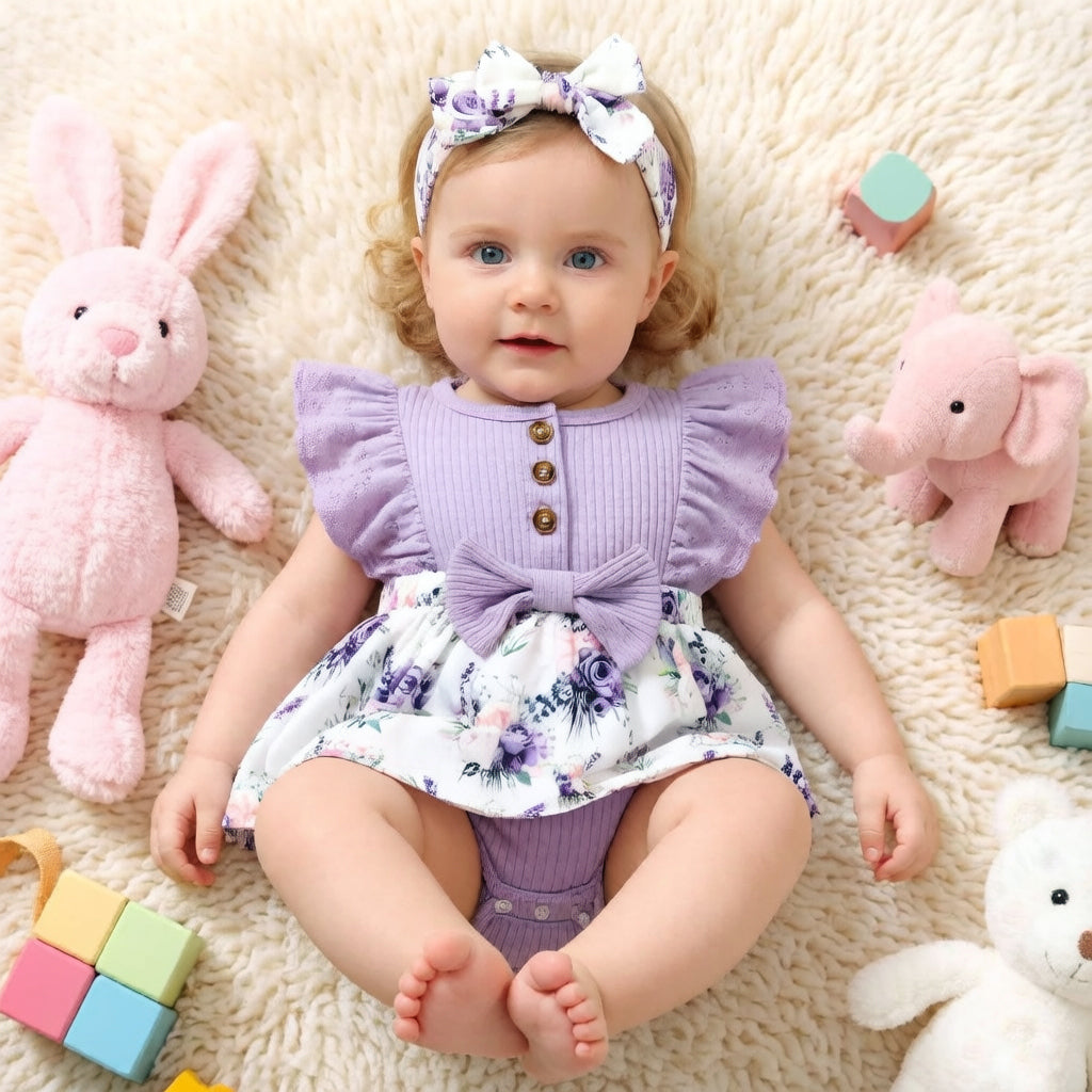2PCS Cute Floral Printed Ruffled Sleeveless Baby Romper Secondary image