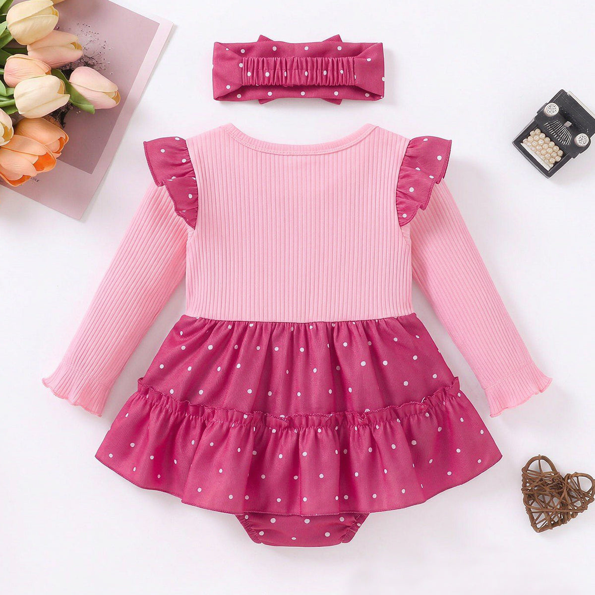 2PCS Pretty Polka Dots Print Bow Long Sleeve Baby Girl Romper