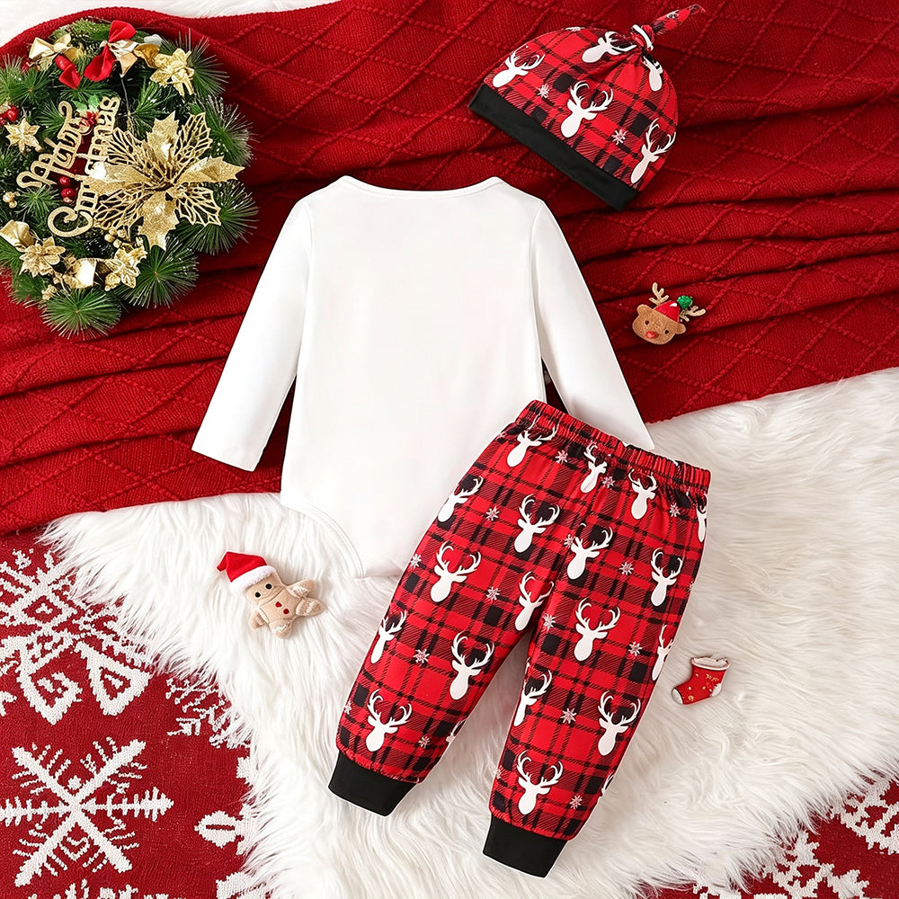 3PCS Stylish My 1st Christmas Letter Reindeer Plaid Print Baby Boy Set