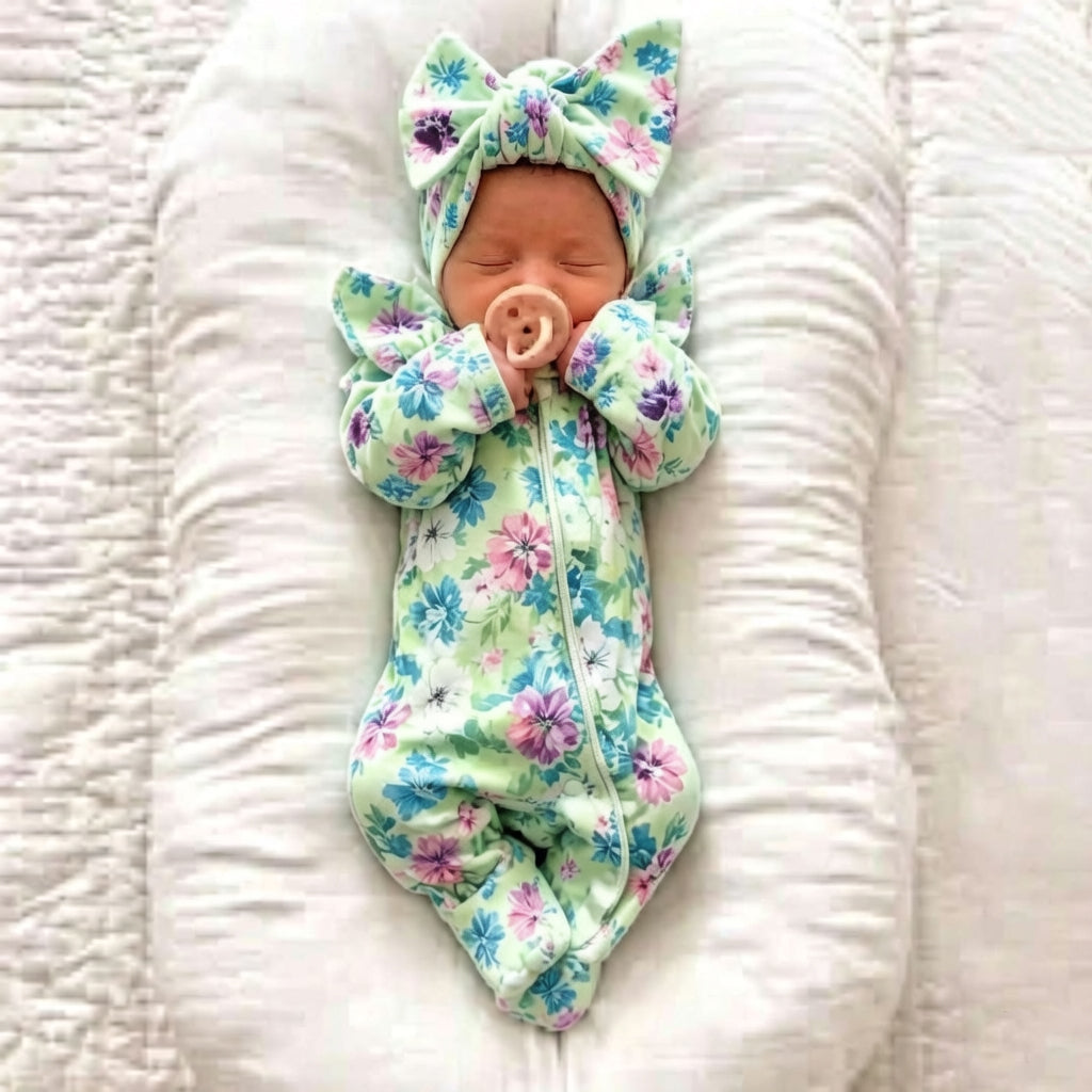 2PCS Lovely Floral Print Long Sleeve Zipper Baby Girl Jumpsuit Main image