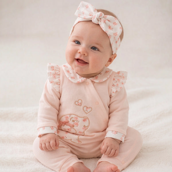 2PCS Cute Puppy Embroidery Floral Printed Long Sleeve Baby Jumpsuit