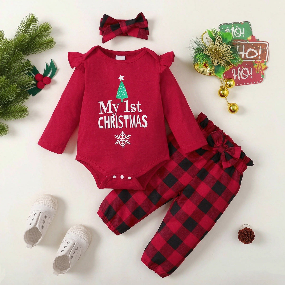 3PCS Sweet My 1st Christmas Letter Plaid Print Baby Girl Set Main image