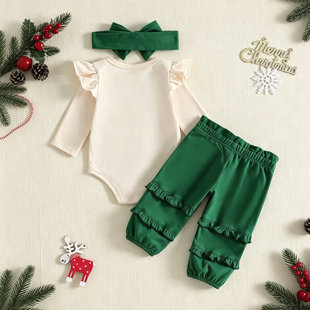 3PCS Sweet My First Christmas Letter Applique Pompon Trim Baby Girl Set