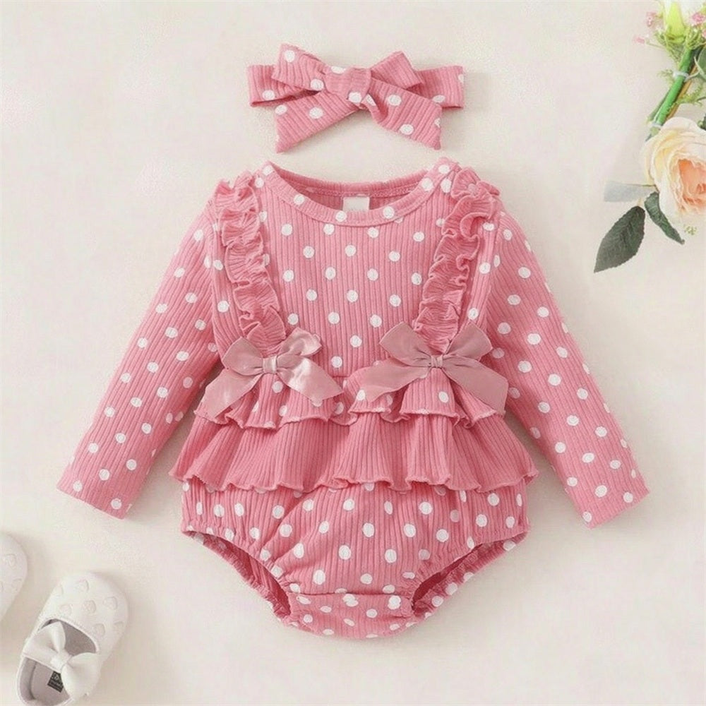 2PCS Bubbly Polka Dots Printed Long Sleeve Ruffle Baby Romper Main image