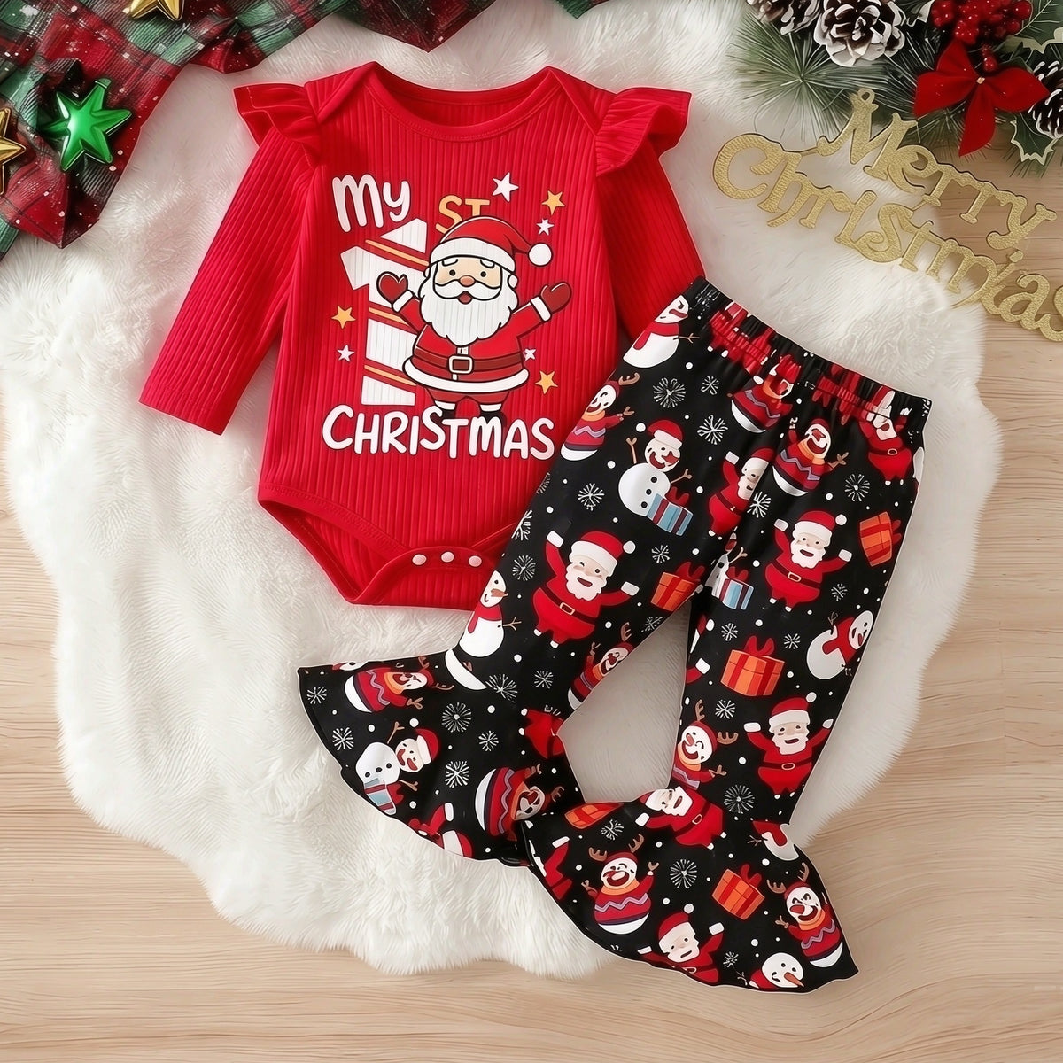 2PCS My 1st Christmas Letter Santa Snowman Printed Baby Girl Set