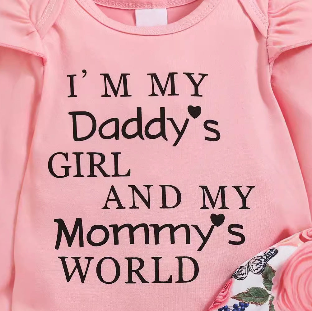 3PCS I'M My Daddy's Girl Letter Floral Printed Baby Set