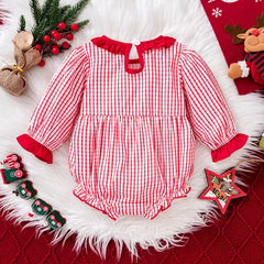 Lovely Christmas Tree Applique Plaid Printed Long Sleeve Baby Romper