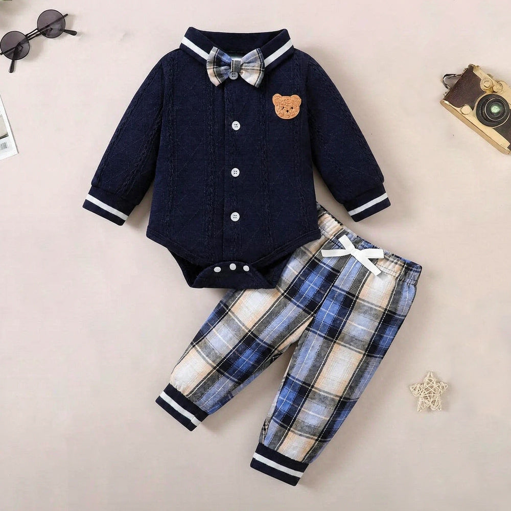 2PCS Casual Bear Applique Plaid Print Long Sleeve Baby Boy Set