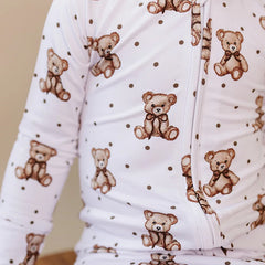 Cozy Teddy Bear Polka Dots Print Zipper Long Sleeve Baby Jumpsuit