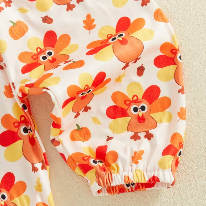 3PCS Cute My First Thanksgiving Letter Turkey Print Long Sleeve Baby Girl Set