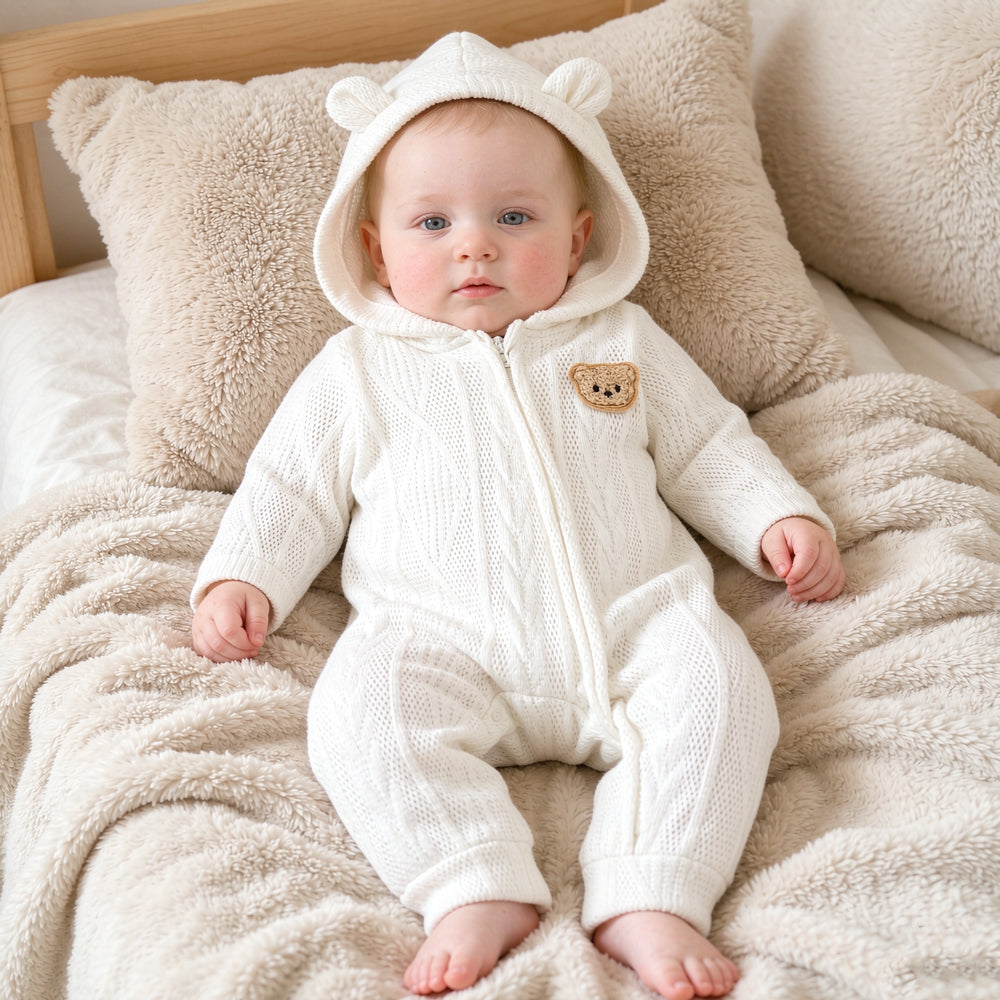 Sweet Bear Applique Long Sleeve Knitted Baby Zipper Hoodie Jumpsuit