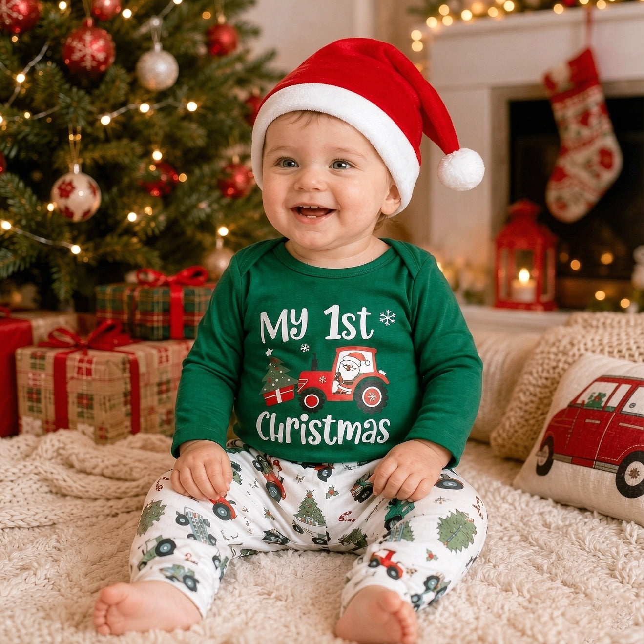 3PCS Cozy My 1st Christmas Letter Tractor Tree Printed Baby Boy Set