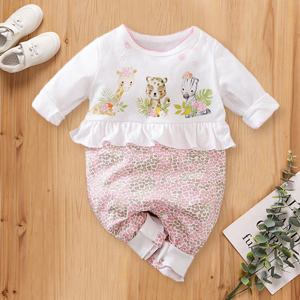 Lovely Three Animals Printed Fold Edge Long-sleeve Baby Girl Jumpsuit Main image