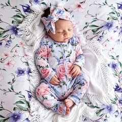 2PCS Radiant Floral Print Long Sleeve Zipper Baby Girl Jumpsuit