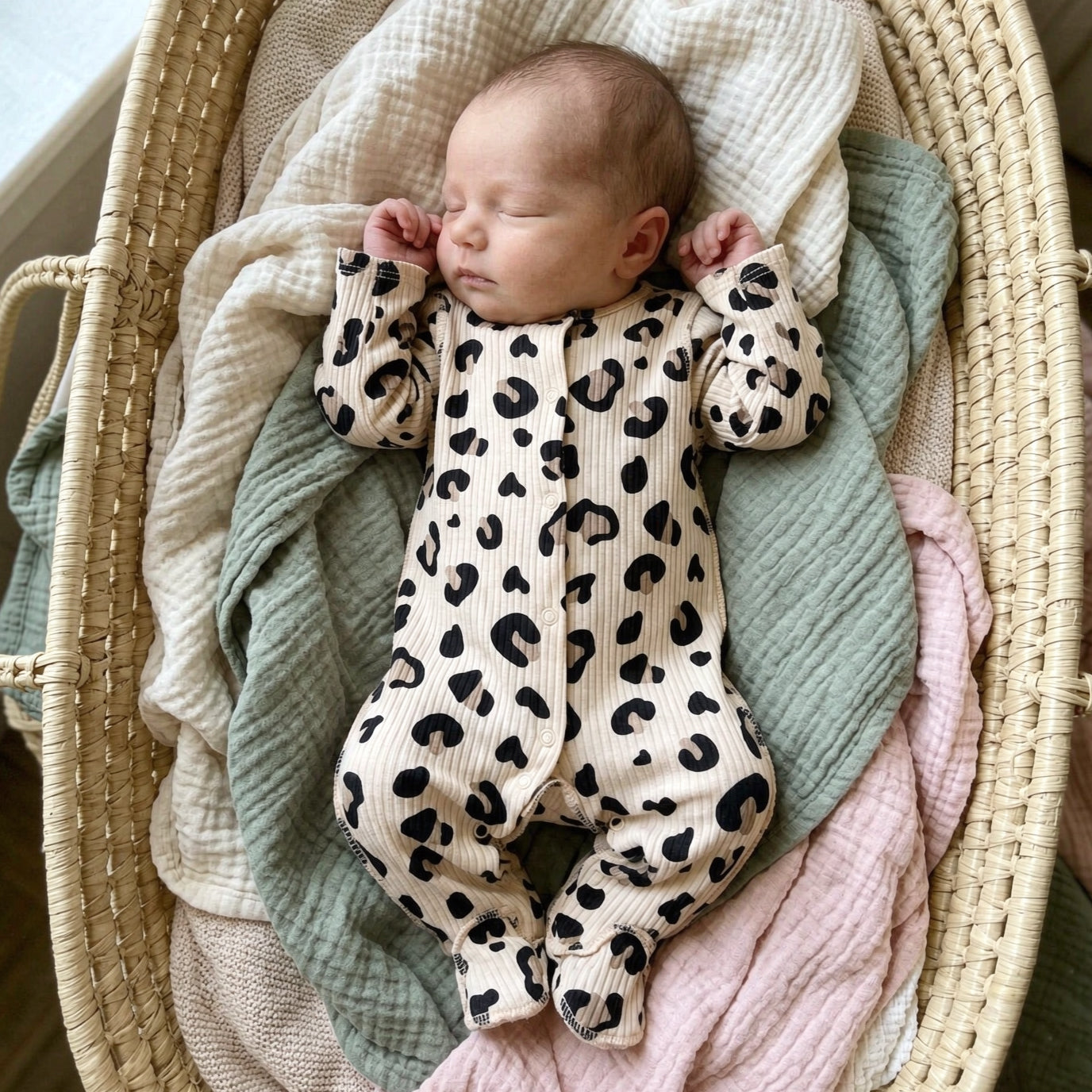 Pretty Leopard Printed Ribbed Long Sleeve Baby Jumpsuit
