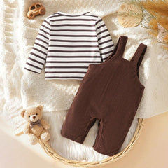 2PCS Mama's Boy Letter Bear Stripe Print Long Sleeve Baby Overalls Set