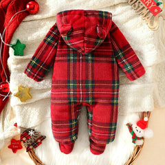 Cute 3D Ear Plaid Printed Long Sleeve Hooded Baby Fleece Jumpsuit