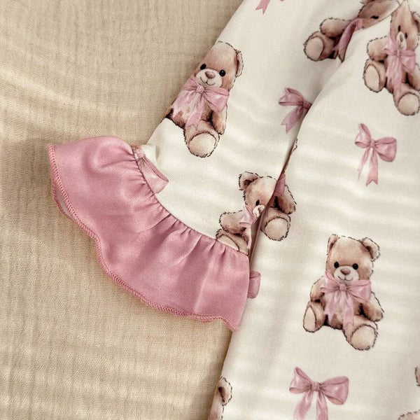 2PCS Gorgeous Bear Print Ruffle Zipper Baby Jumpsuit