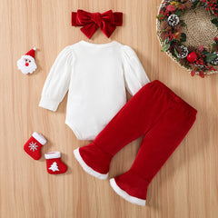 3PCS My First Christmas Letter Santa Claus Print Velvet Baby Girl Set
