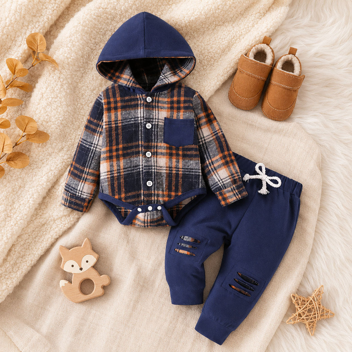 2PCS Comfy Plaid Printed Long Sleeve Hoodie Baby Set Main image