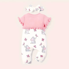 2PCS Lovely Elephant Printed Short Sleeve Baby Jumpsuit