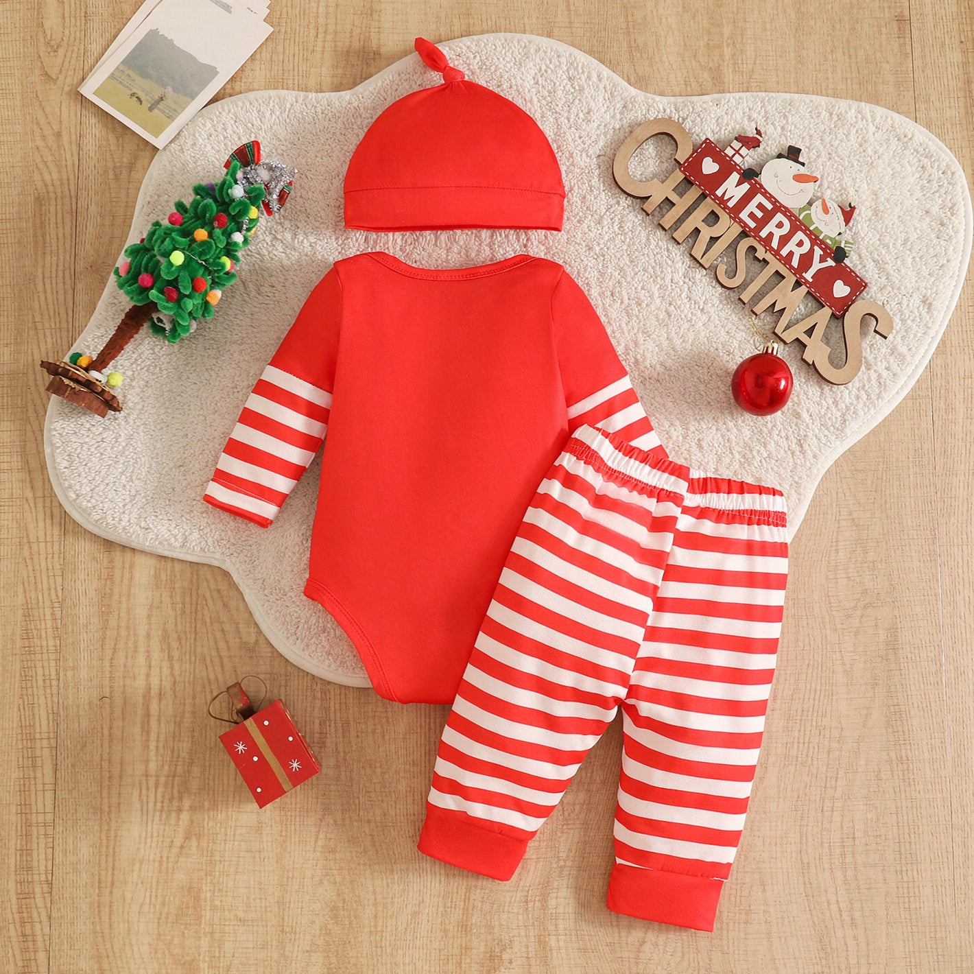 3PCS Christmas Santa and Reindeer Printed Striped Long Sleeve Baby Set Secondary image