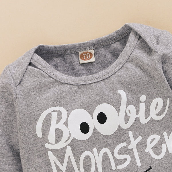 Boobie Monster Letter Printed Romper With Pants Baby Set