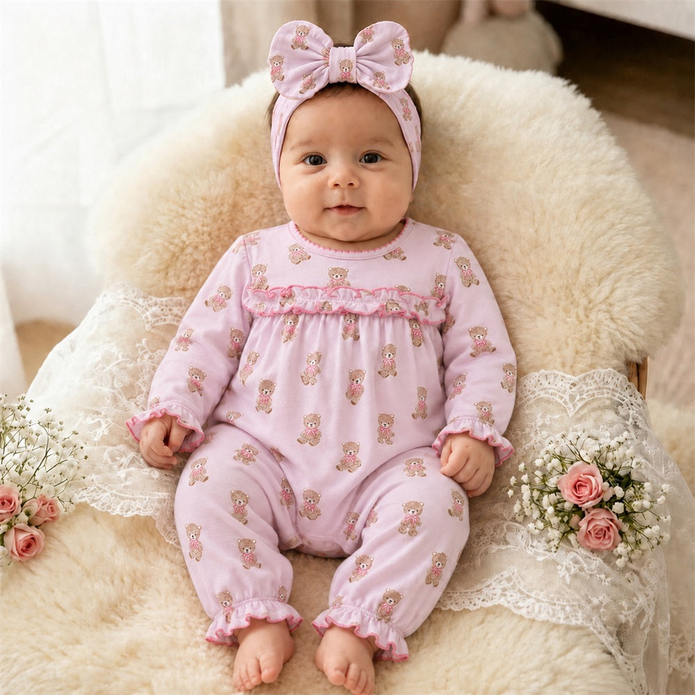2PCS Cute Teddy Bear Printed Long Sleeve Baby Girl Jumpsuit Image principale du produit