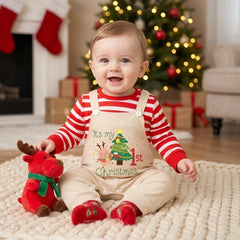 My 1st Christmas Letter Reindeer Stripe Print Faux Layering Baby Jumpsuit