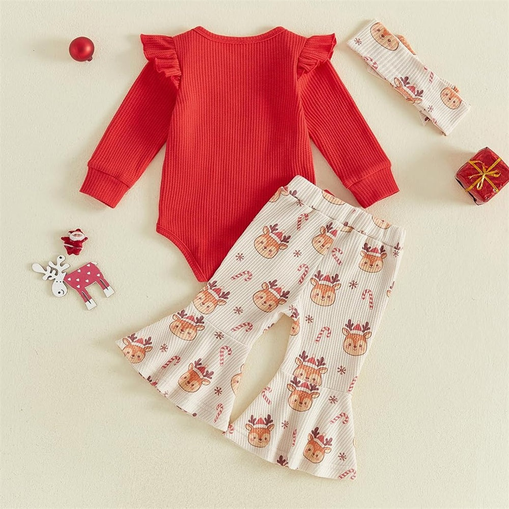 3PCS My First Christmas Letter Print Elk Applique Baby Girl Set