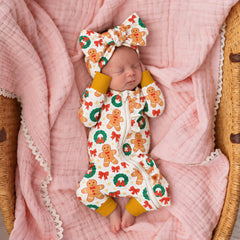 2PCS Cozy Gingerbread Bow Print Long Sleeve Zipper Baby Jumpsuit