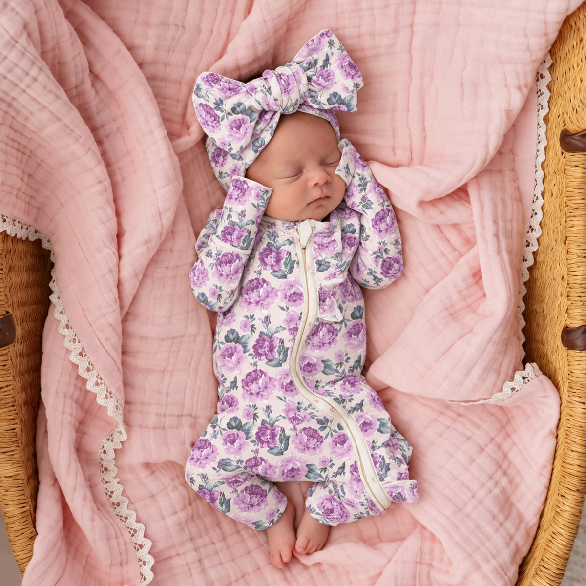 2PCS Romantic Allover Floral Print Long Sleeve Baby Zipper Jumpsuit