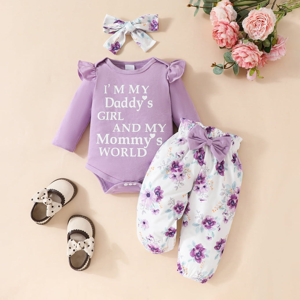 3PCS I'M My Daddy's Girl Letter Floral Printed Long Sleeve Baby Set Image principale du produit