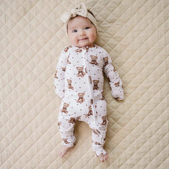 Cozy Teddy Bear Polka Dots Print Zipper Long Sleeve Baby Jumpsuit