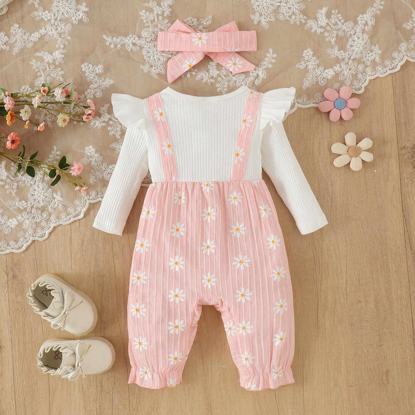2PCS Daisy Print Faux Two-Piece Long Sleeve Baby Girl Jumpsuit Secondary image