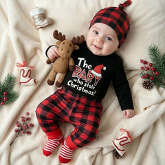 3PCS The Baby Who Stole Christmas Letter Plaid Print Baby Boy Set
