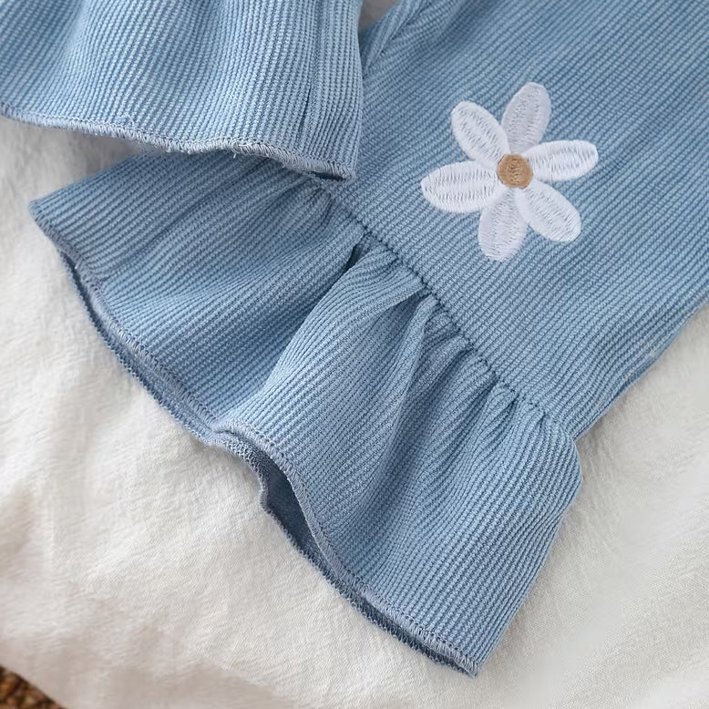 3PCS Sweet Floral Embroidered Long Sleeve Baby Corduroy Overalls Set
