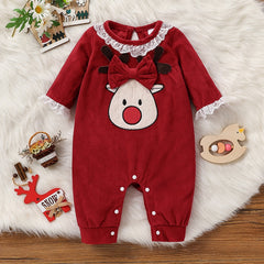 Sweet Reindeer Applique Velvet Long Sleeve Baby Jumpsuit