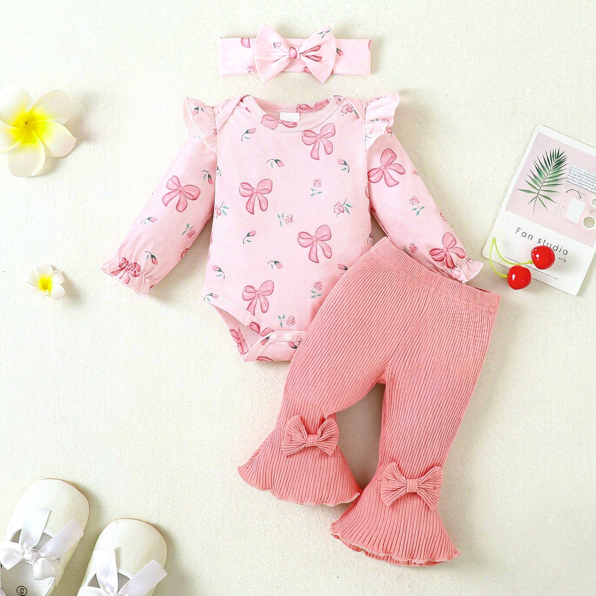 3PCS Delightful Bow Floral Print Long Sleeve Baby Girl Set