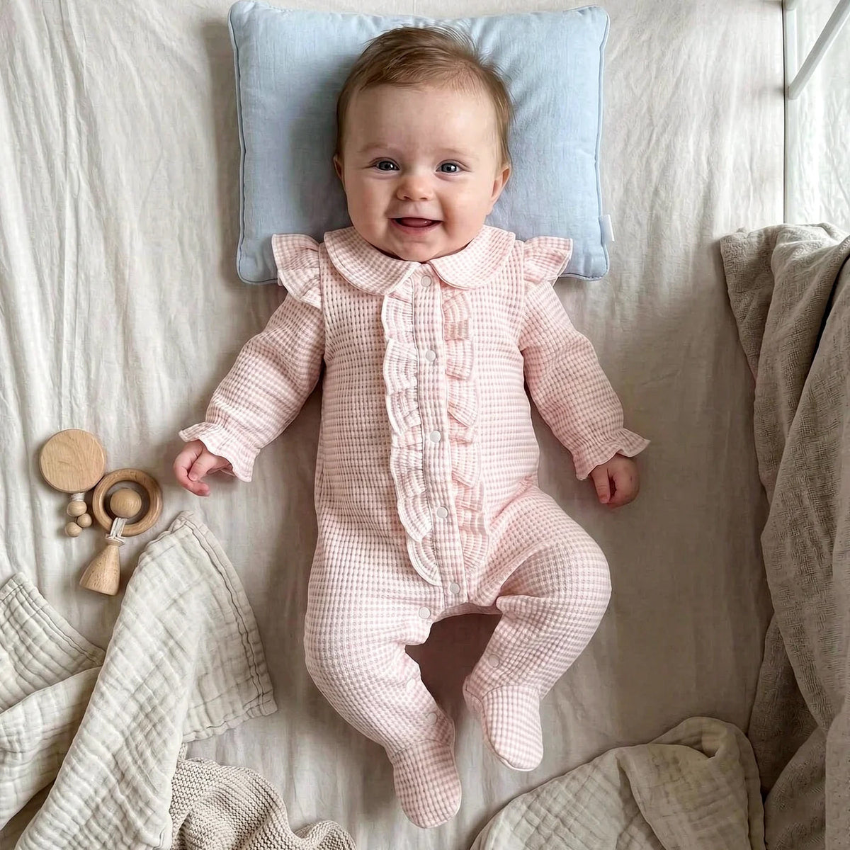 Comfy Solid Color Waffle Long Sleeve Ruffle Baby Girl Jumpsuit