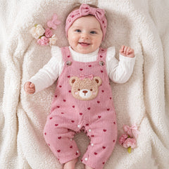 2PCS Bear Applique Heart Print Long Sleeve Corduroy Baby Overalls Set