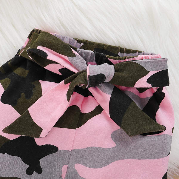3PCS Mommy's Little Girl Letter Printed Rufffled Romper With Camouflage Printed Pants Baby Girl Set